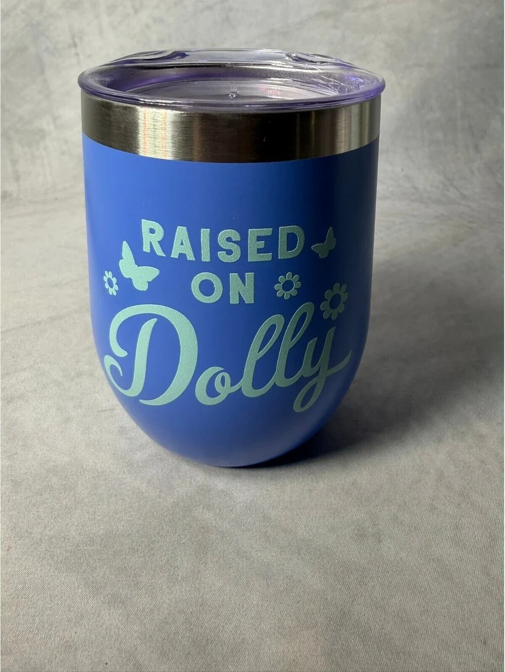 Dolly Parton Raised On Dolly 12 oz Stemless Wine Tumbler Blue w/ Lid